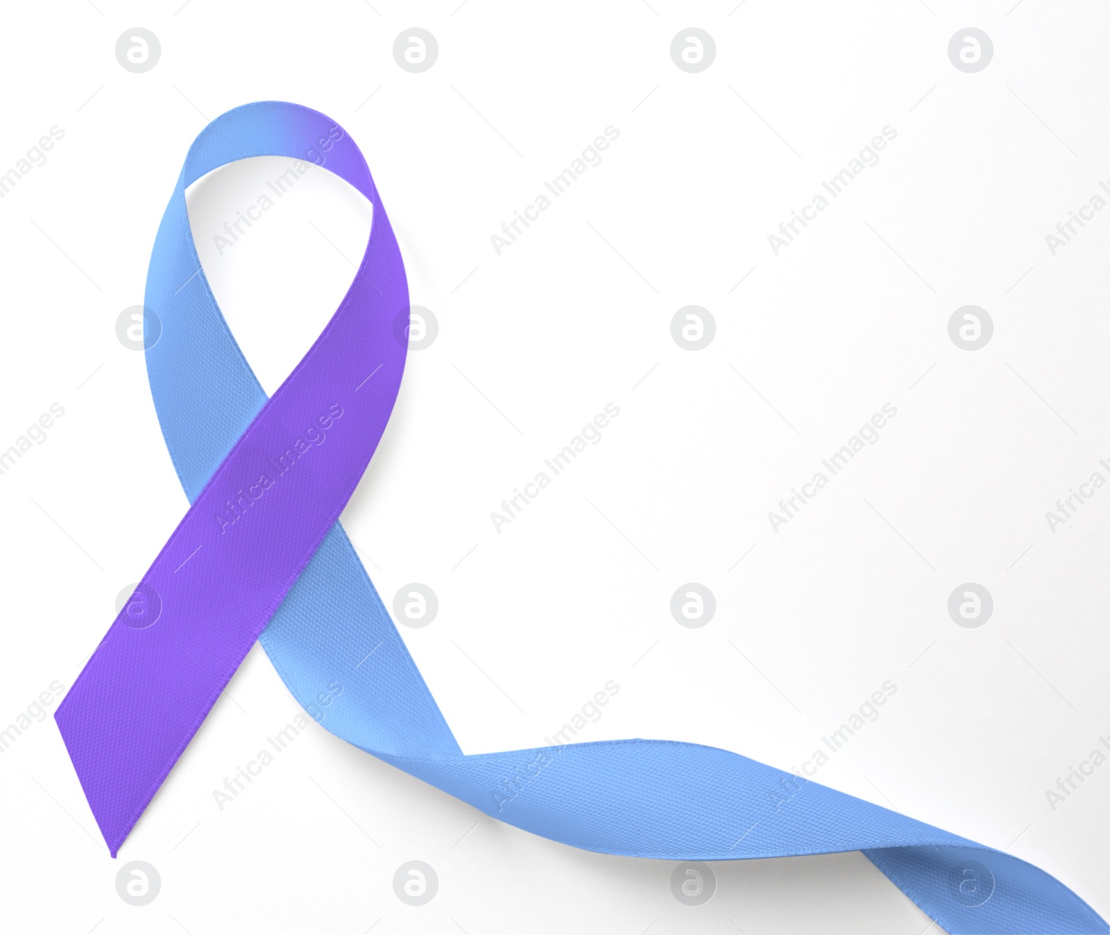 Image of World Arthritis Day. Blue and purple awareness ribbon on white background, top view