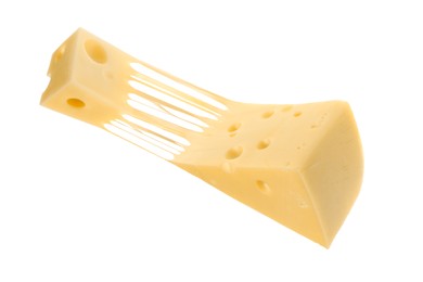 Tasty cheese stretching in air on white background