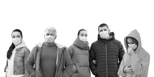Image of Group of people wearing medical face masks on light background. Black and white photography