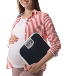 Photo of Pregnant woman with scales on white background, closeup