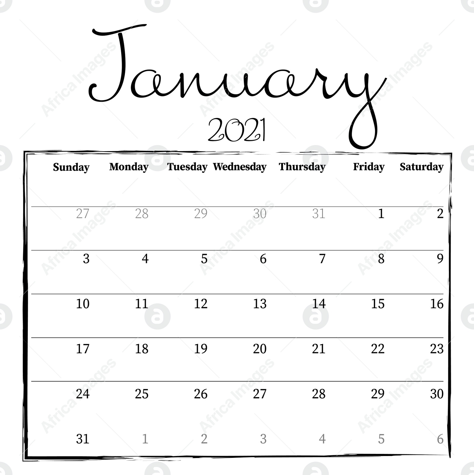 Illustration of 2021 January calendar design on white background