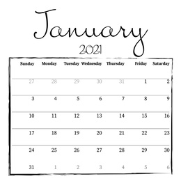 2021 January calendar design on white background