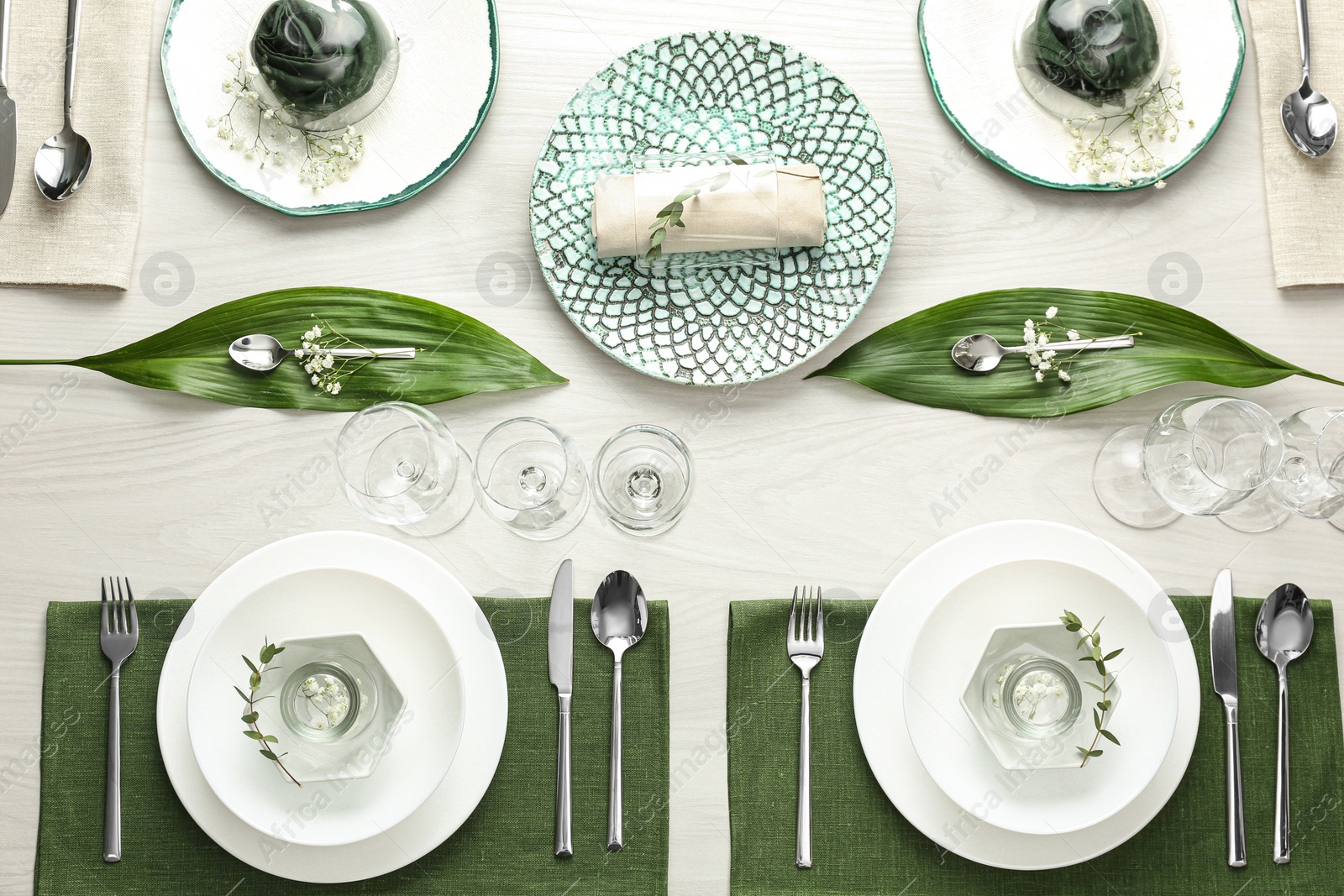 Photo of Elegant festive setting on white wooden table, flat lay