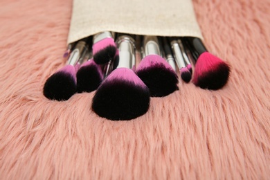 Bag with set of professional makeup brushes on furry fabric