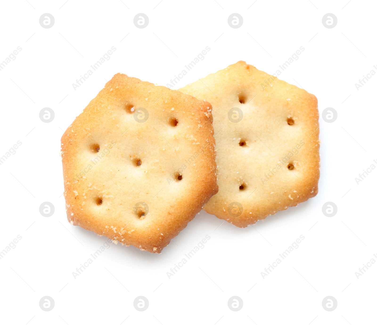 Photo of Delicious crispy crackers isolated on white, top view