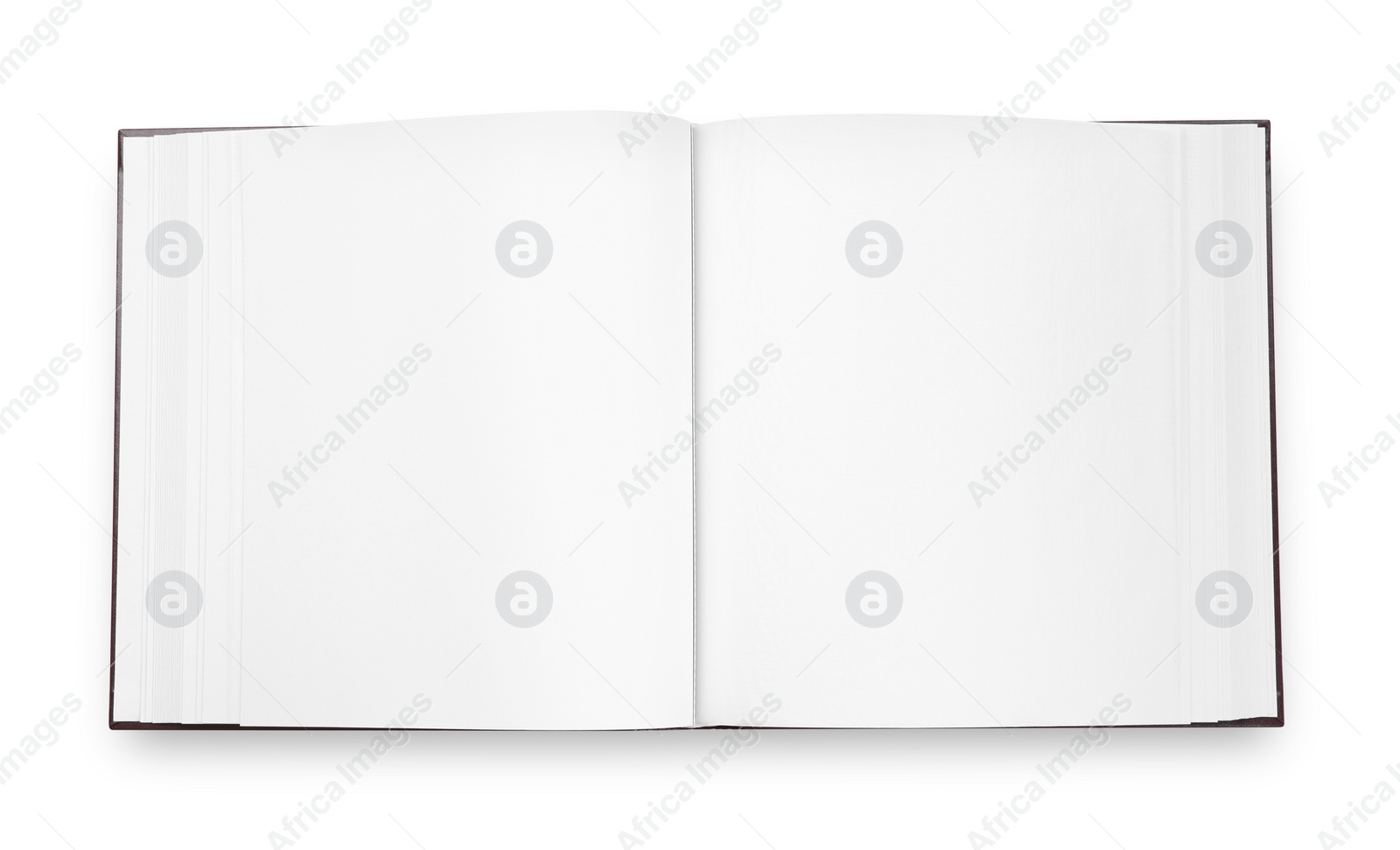 Photo of Open photo album isolated on white, top view. Space for text