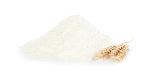 Organic flour and spikelets isolated on white