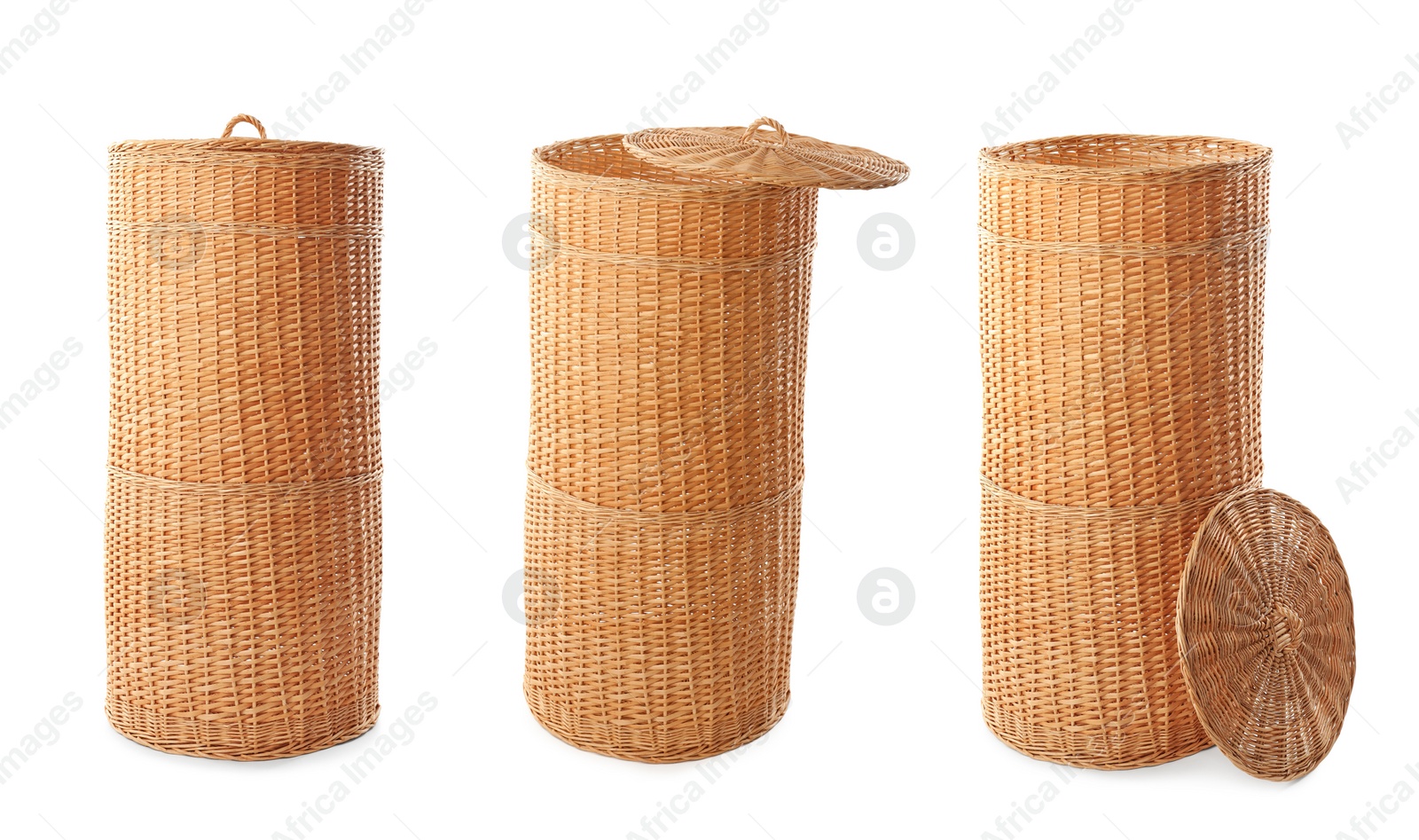 Image of Set with empty wicker baskets on white background 