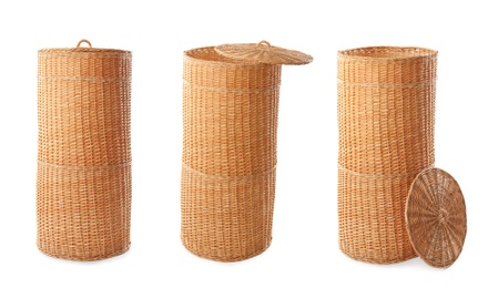 Set with empty wicker baskets on white background 