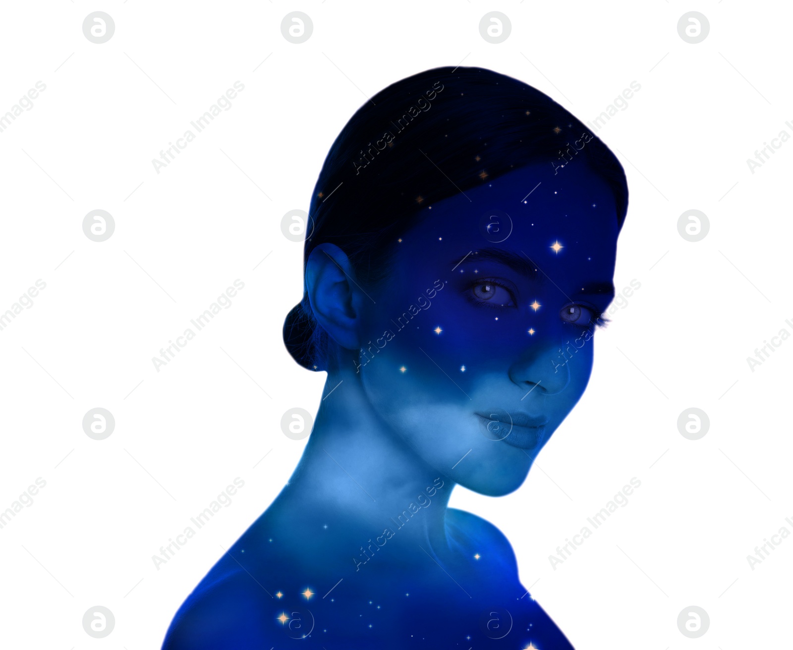 Image of Universe hidden in human, mindfulness, imagination, art, creativity, inner power concepts. Silhouette of woman and starry sky or galaxy on white background, double exposure