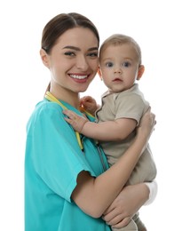 Young pediatrician with cute little baby on white background