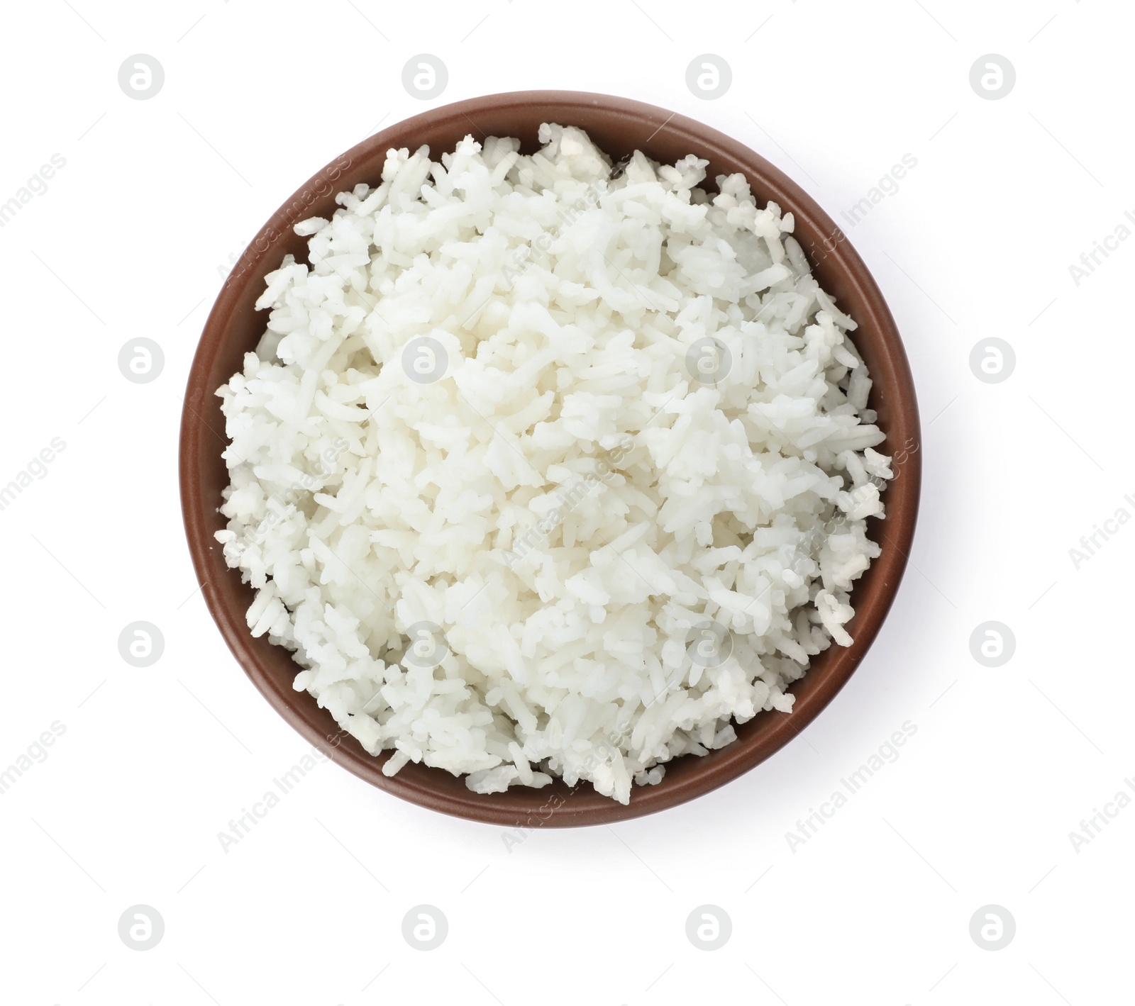 Photo of Bowl of boiled rice on white background, top view