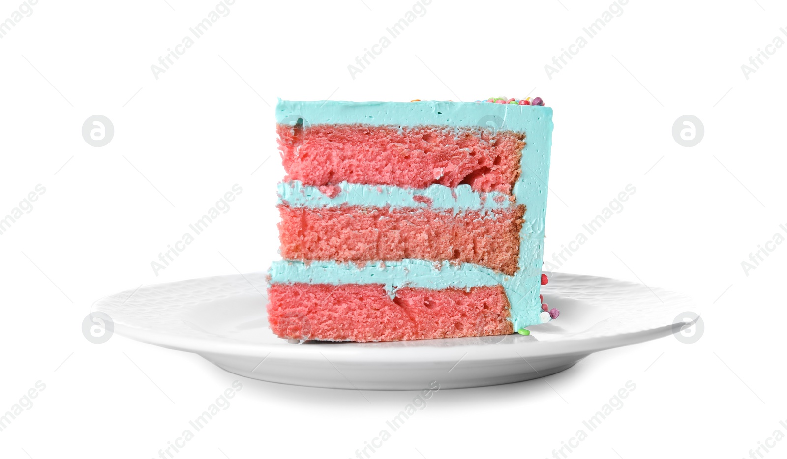 Photo of Slice of fresh delicious birthday cake on white background