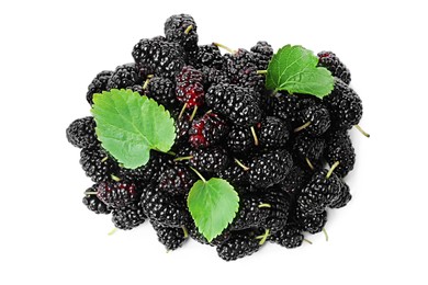 Photo of Pile of ripe black mulberries on white background, top view