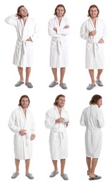 Image of Man wearing bathrobe on white background, collage 