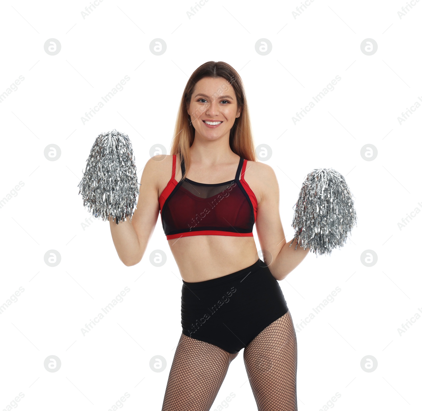 Photo of Beautiful cheerleader in costume holding pom poms on white background