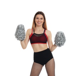 Beautiful cheerleader in costume holding pom poms on white background