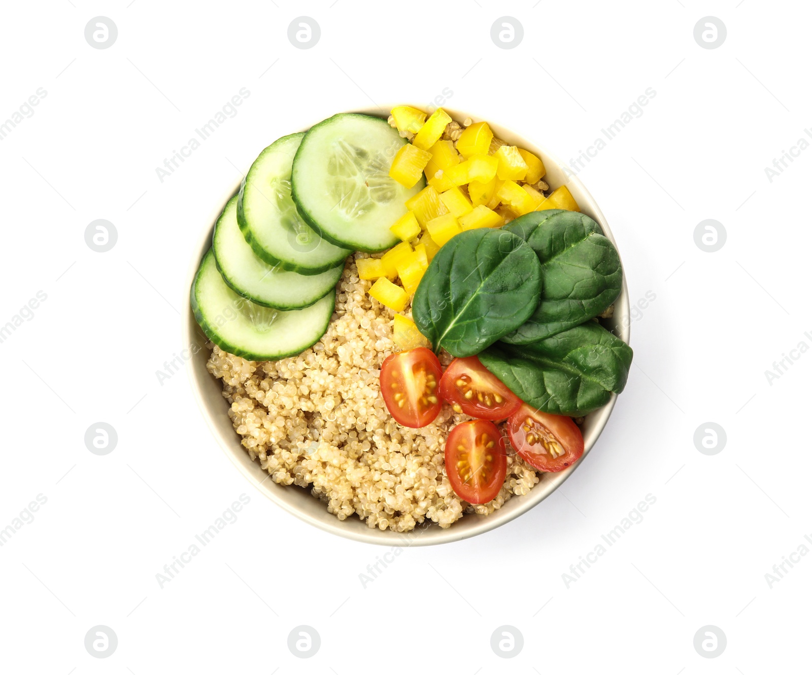 Photo of Healthy quinoa salad with vegetables in bowl isolated on white, top view