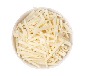 Photo of Plate with cut fresh parsnip on white background, top view