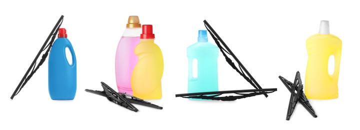 Image of Set with car windshield wipers and washer fluids on white background. Banner design