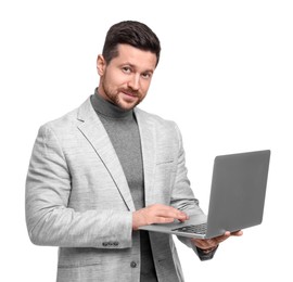 Photo of Handsome bearded businessman using laptop on white background