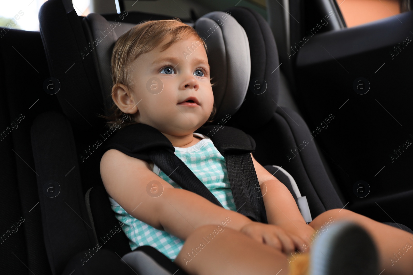 Photo of Cute little girl sitting in child safety seat inside car