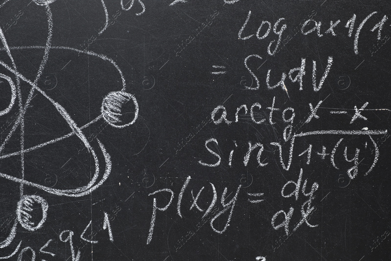 Photo of Many different physical formulas written with chalk on blackboard