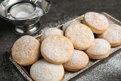 Tray of traditional cookies for Islamic holidays on table. Eid Mubarak