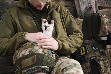 Ukrainian soldier in uniform warming little stray cat indoors, closeup
