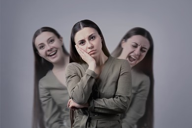 Image of Woman with personality disorder on light background, multiple exposure 