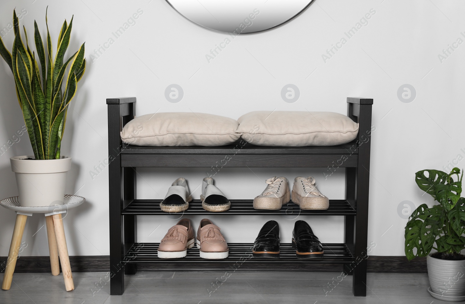 Photo of Shoe storage bench and houseplants in hallway