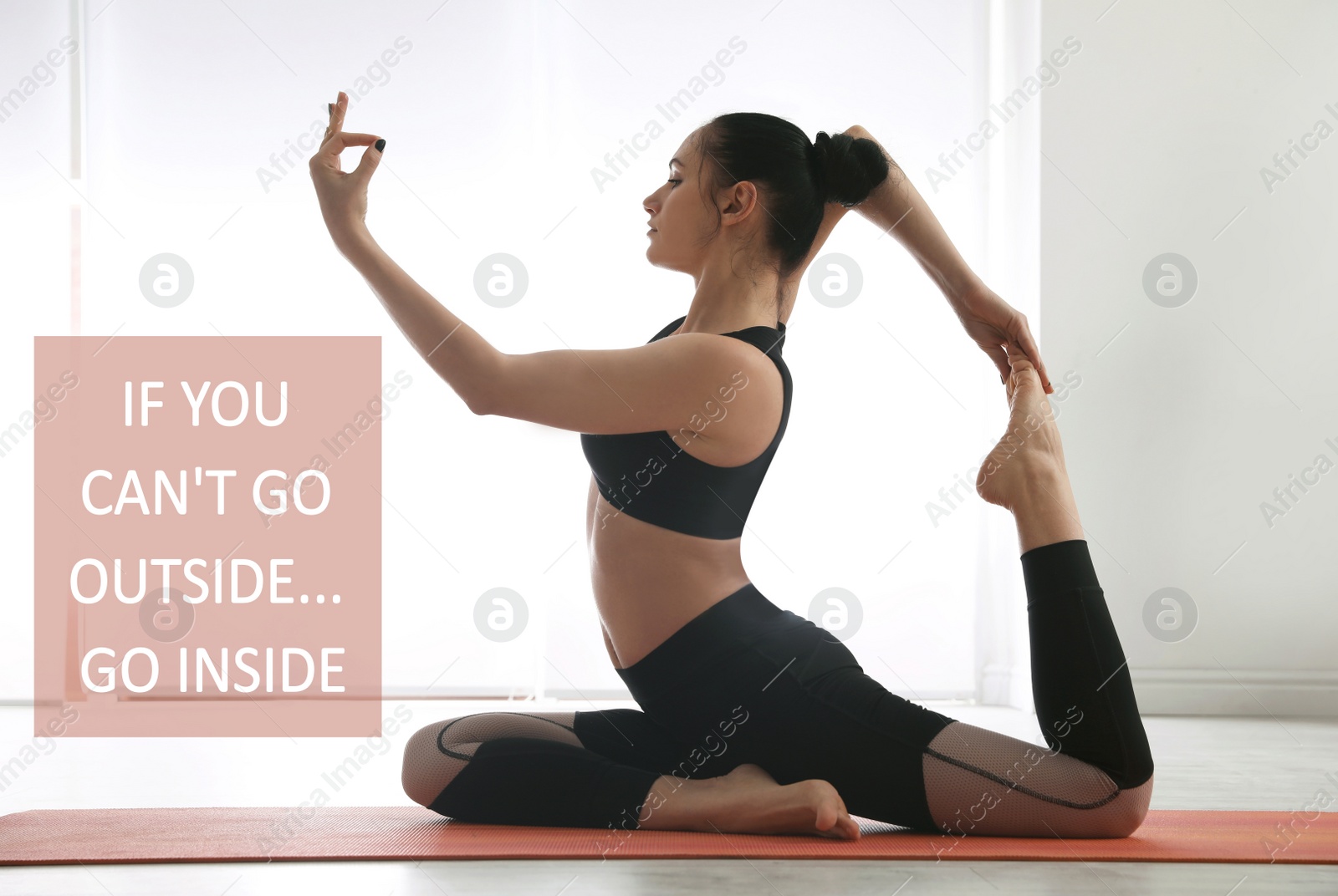 Image of Young woman in sportswear practicing yoga at home