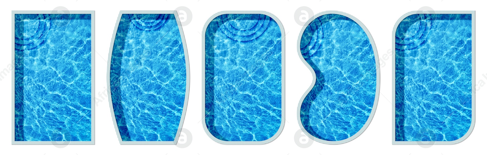 Image of Set with swimming pools of different shapes on white background, top view. Banner design