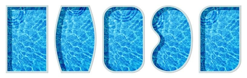 Set with swimming pools of different shapes on white background, top view. Banner design