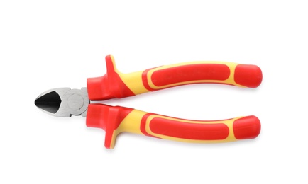 Photo of Color pliers on white background, top view. Electrician's tool