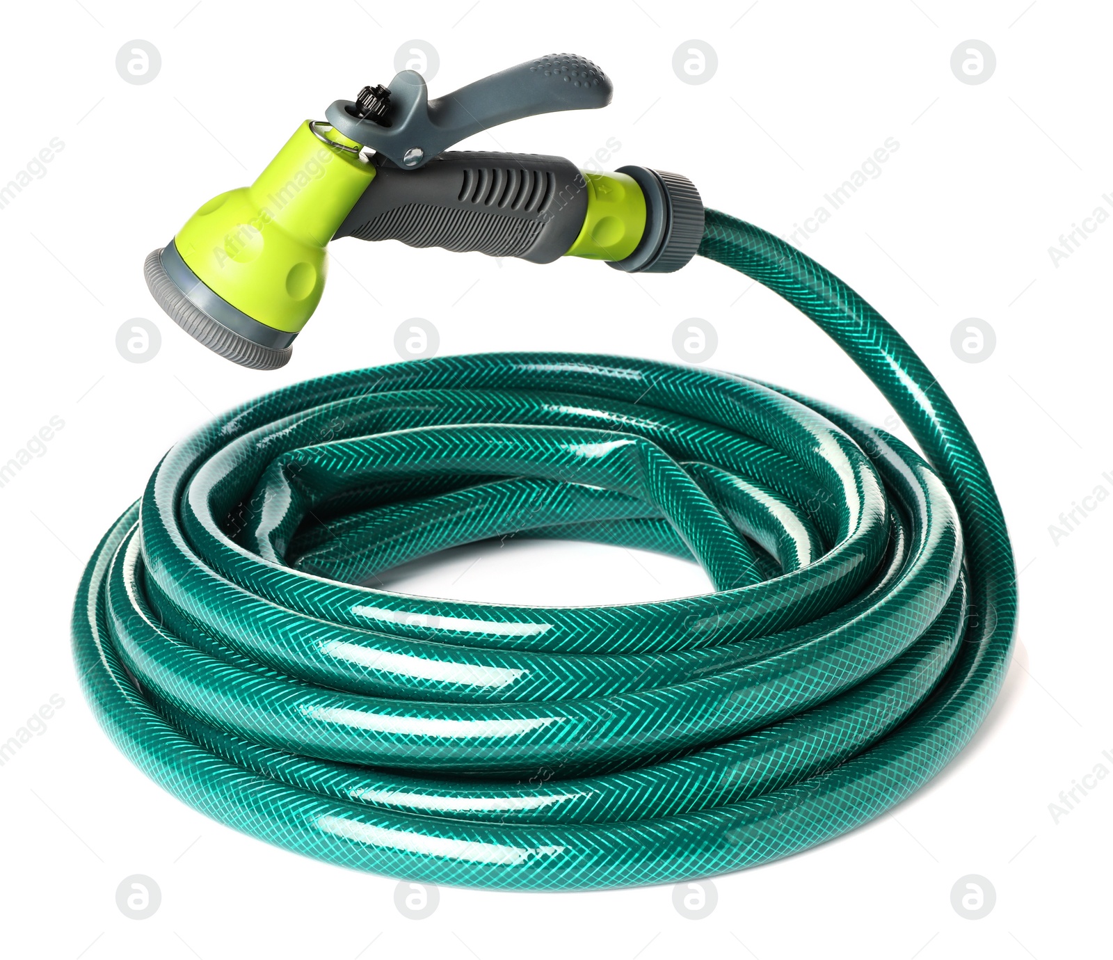 Photo of Green rubber watering hose with nozzle isolated on white