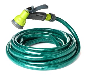 Photo of Green rubber watering hose with nozzle isolated on white