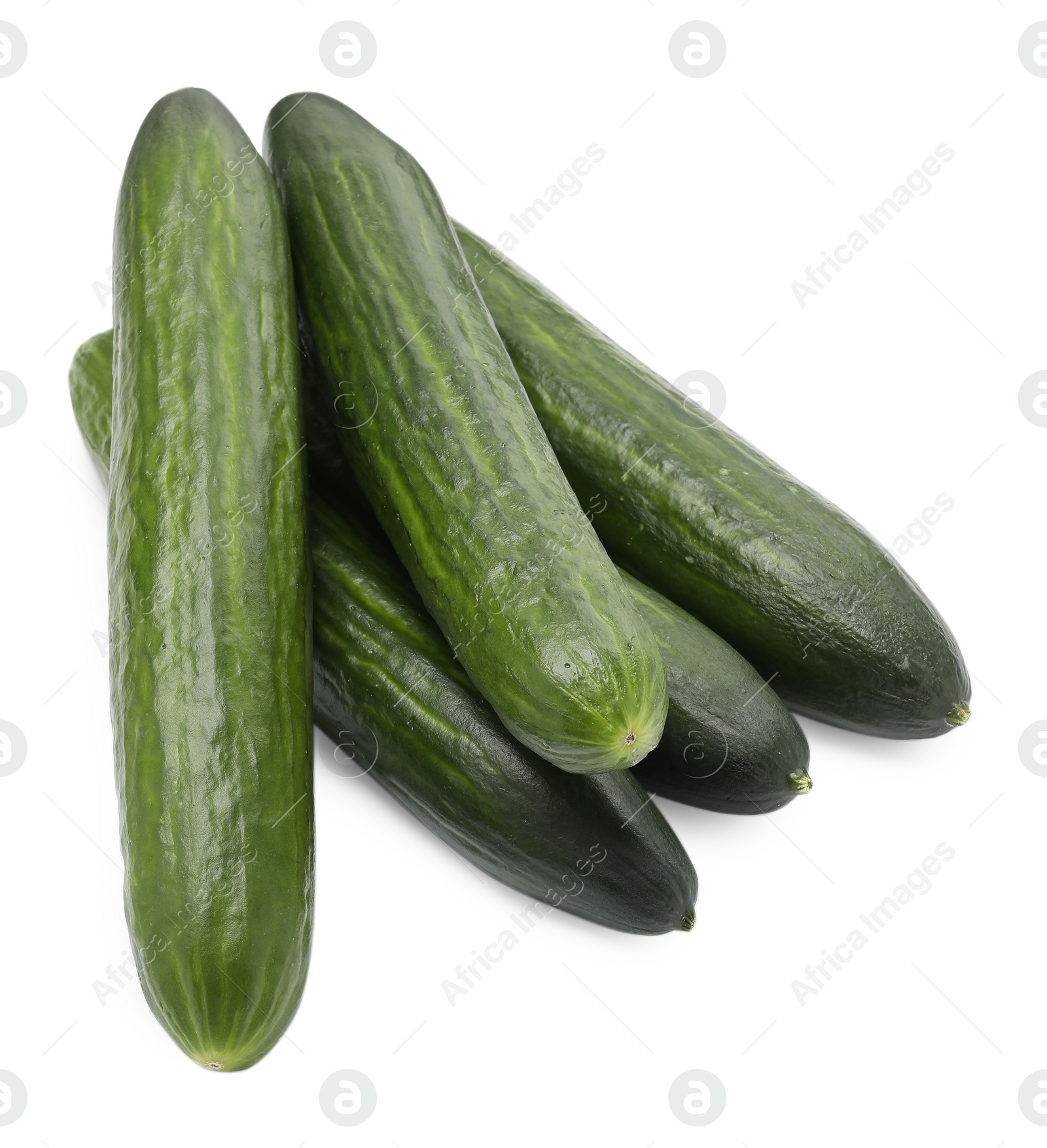 Photo of Many long fresh cucumbers isolated on white