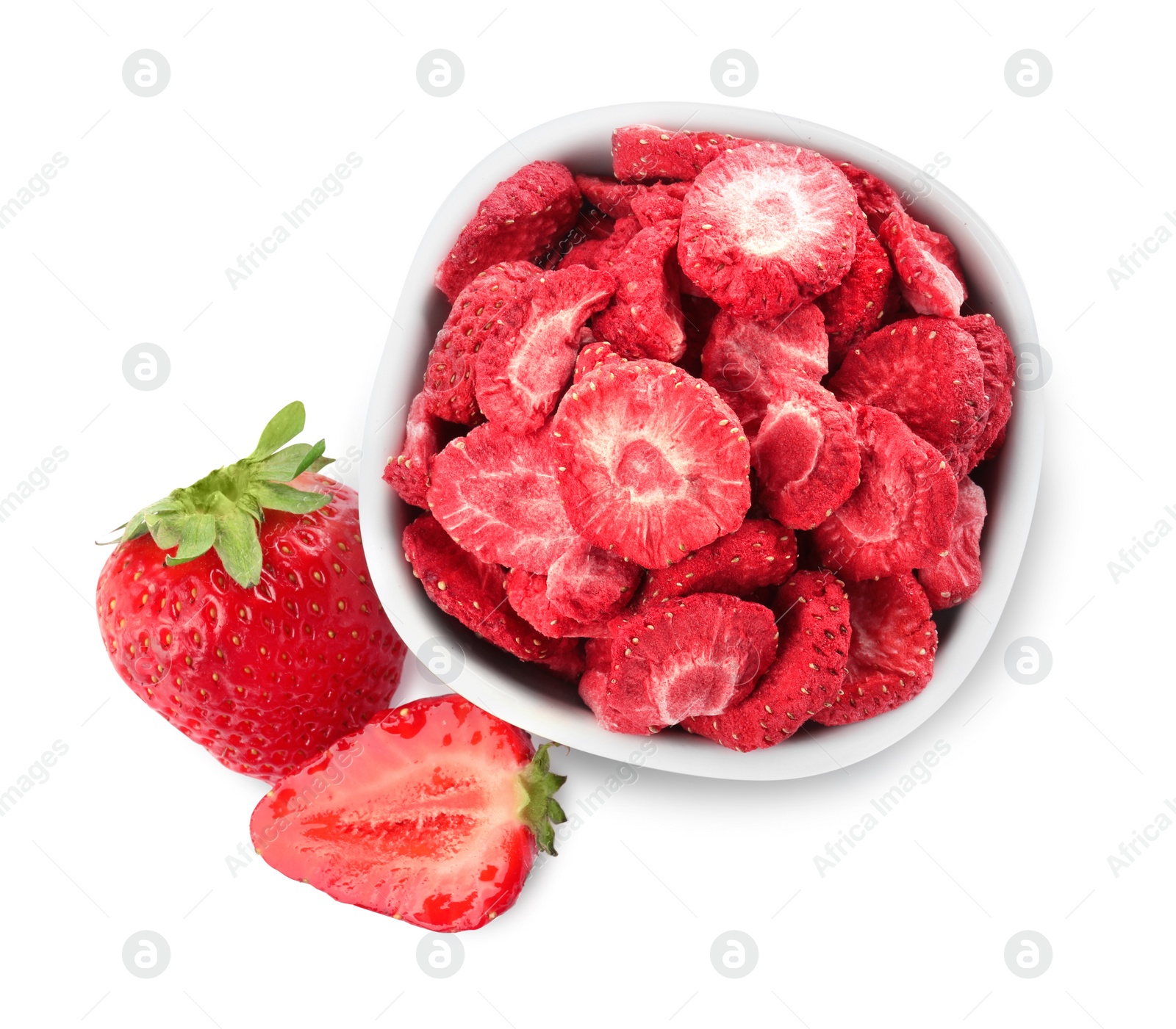 Photo of Sweet sublimated and fresh strawberries on white background, top view