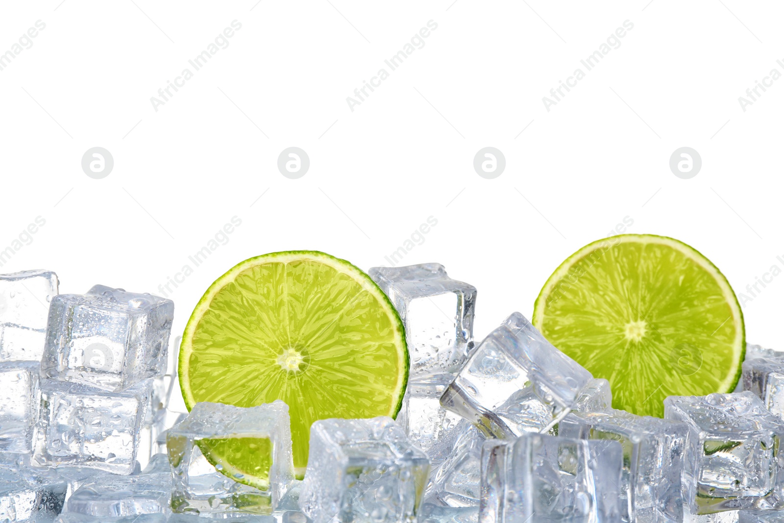 Photo of Ice cubes and limes on white background