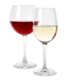 Glasses of expensive wines on white background