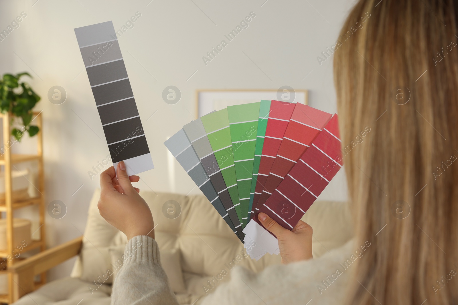 Photo of Woman choosing color for wall in room, focus on hands with paint chips. Interior design