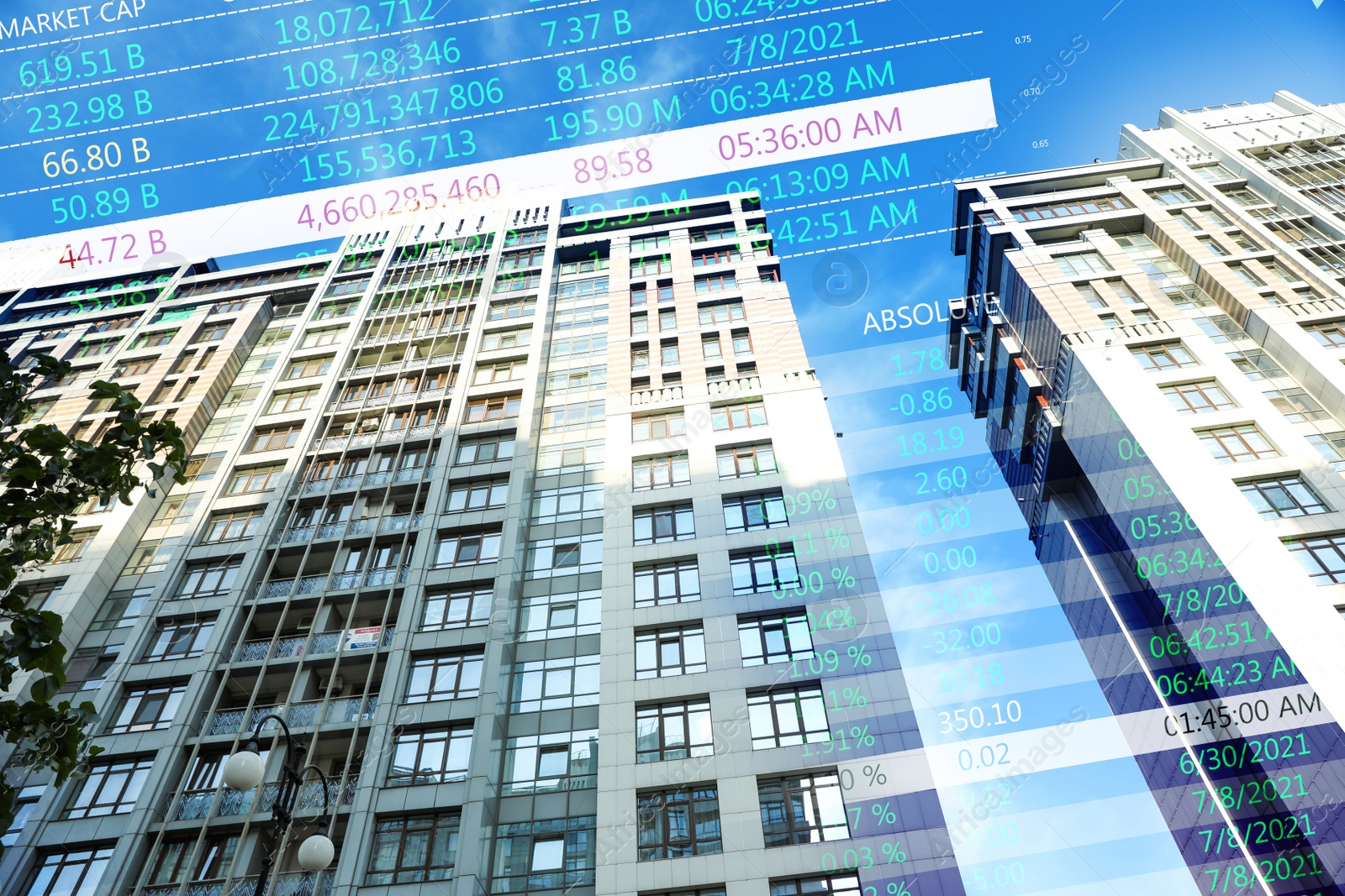 Image of Double exposure of online trading platform and buildings in city center. Stock exchange