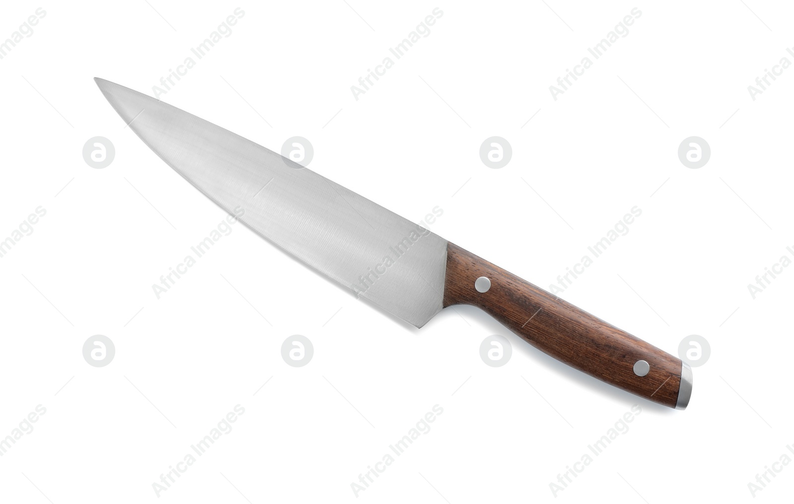 Photo of One sharp knife with wooden handle isolated on white, top view