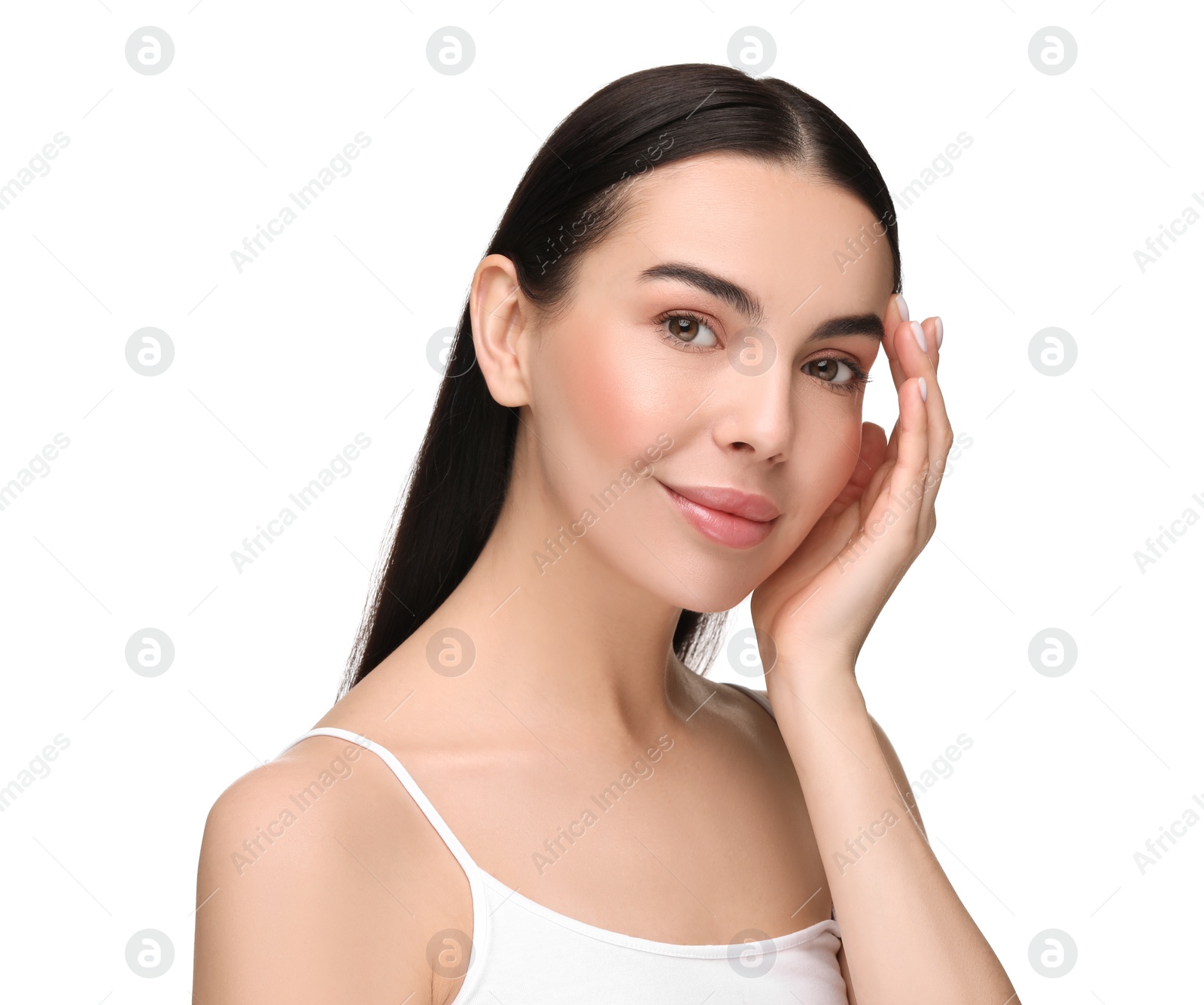 Photo of Beautiful woman with healthy skin on white background