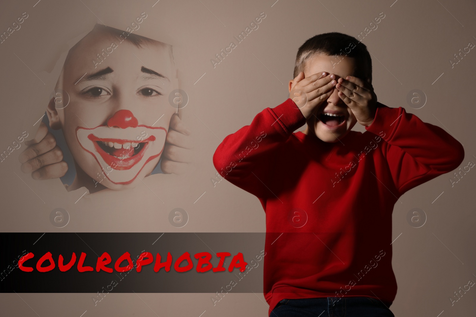 Image of Coulrophobia concept. Scared little boy and phantom of clown