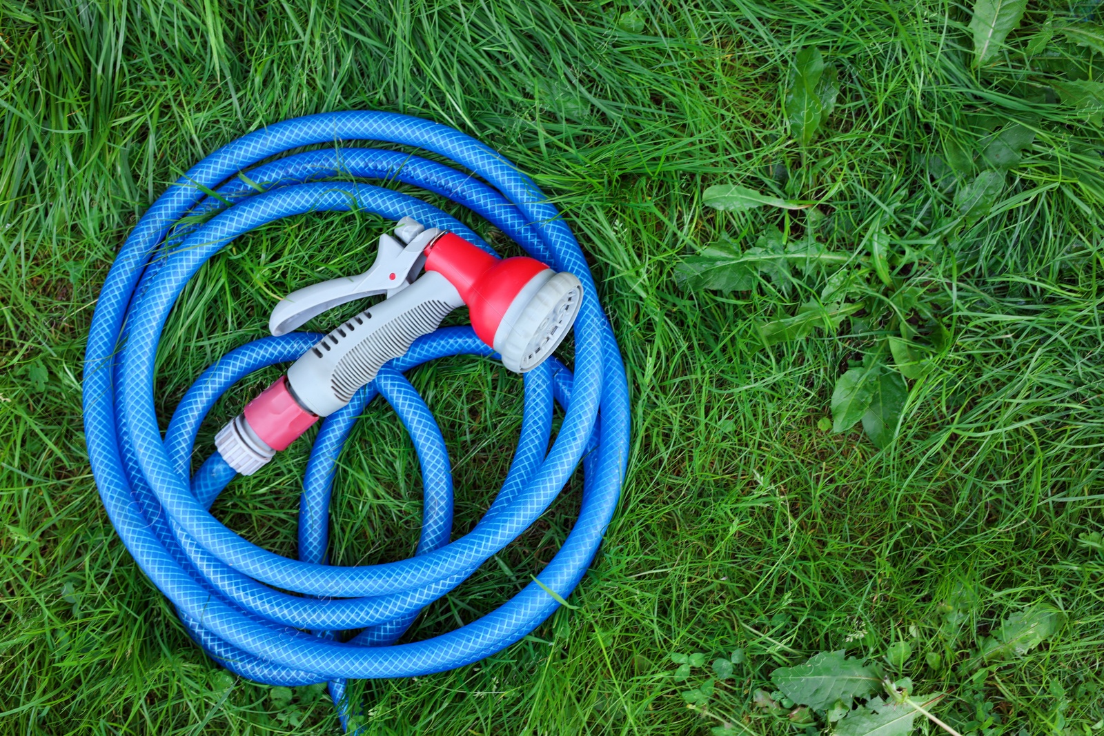 Photo of Watering hose with sprinkler on green grass outdoors, top view. Space for text