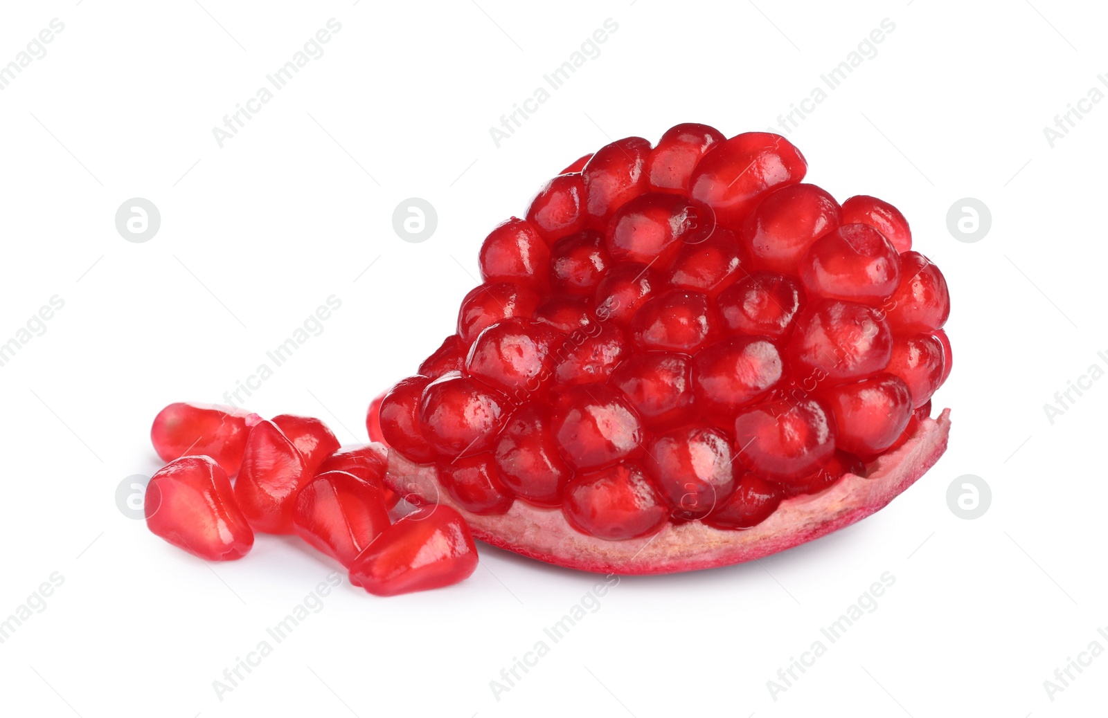 Photo of Piece of ripe juicy pomegranate on white background