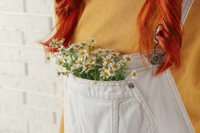 Photo of Woman with beautiful tender chamomile flowers in white jumpsuit's pocket, closeup
