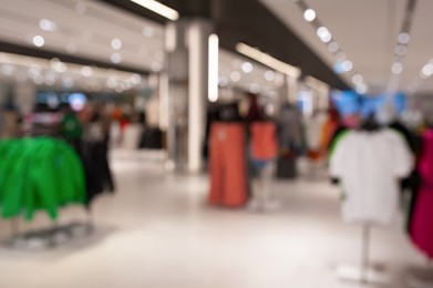 Blurred view of modern boutique interior with stylish clothes